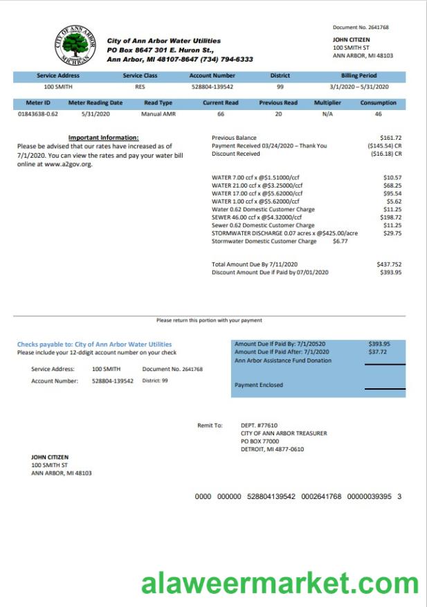 USA Michigan City of Ann Arbor Water Utilities bill template in Word and PDF format